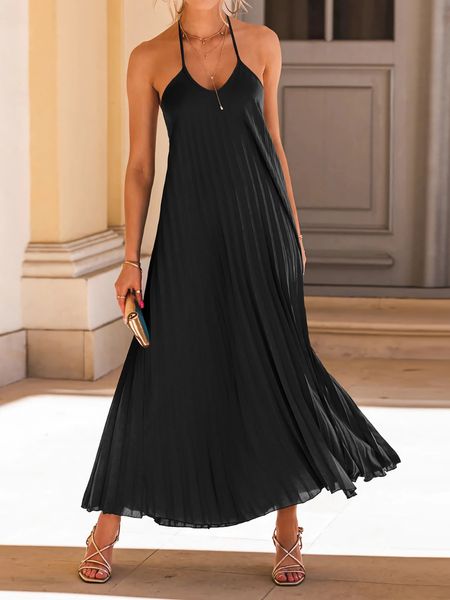 Black Halter A-line Pleated Dress