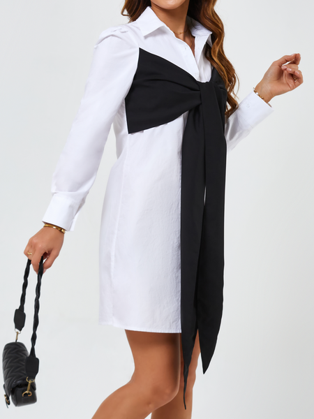 Two Tone Bowknot Front Puff Sleeve Shirt Dress