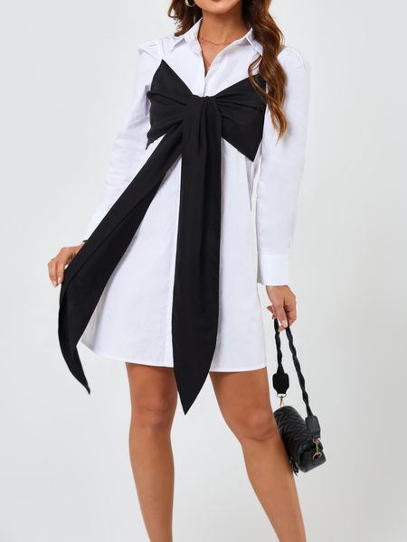 Two Tone Bowknot Front Puff Sleeve Shirt Dress