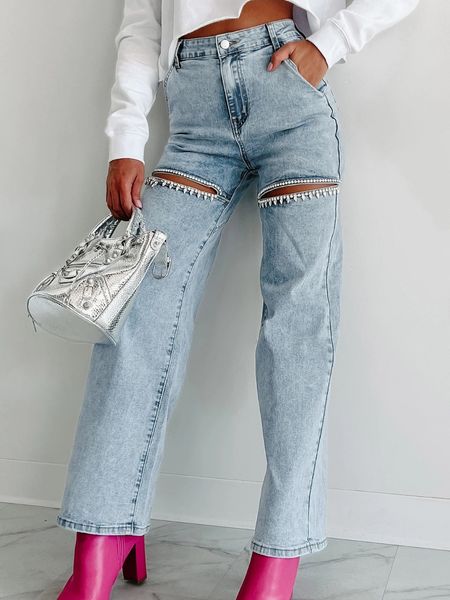 Casual Studded Ripped Straight Leg Jeans