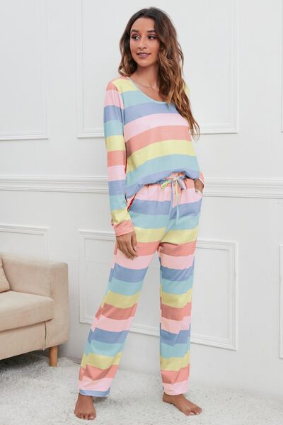 Striped Long Sleeve Top and Drawstring Pants Lounge Set