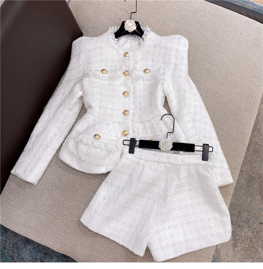 Chanel-Style White Shiner Tweed Coat Jacket Shorts Suit Two-Piece Set