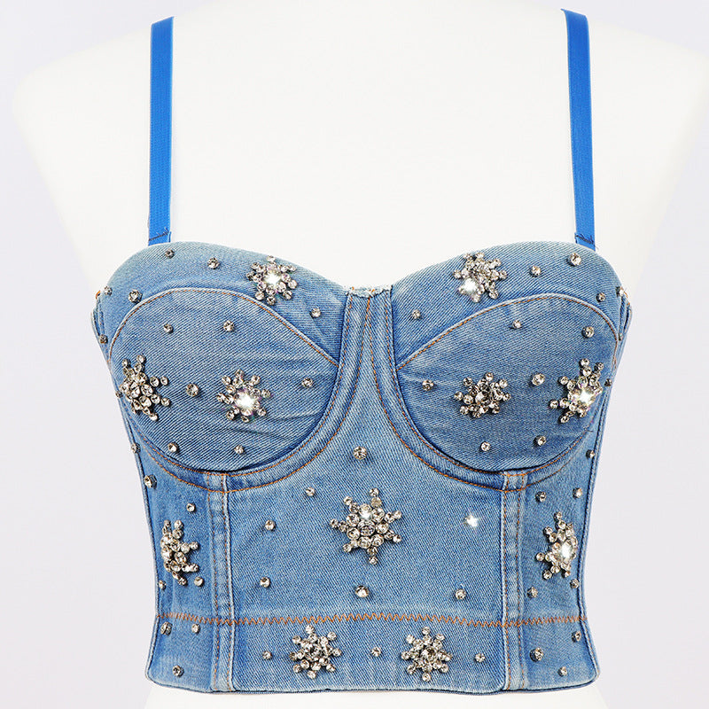 Denim Beauty Beaded Cropped Top