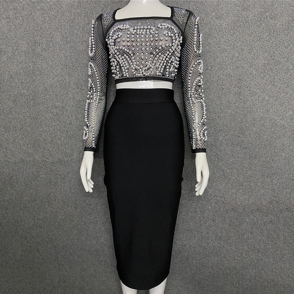 Sexy Beaded Top and Stretch Skirt Set
