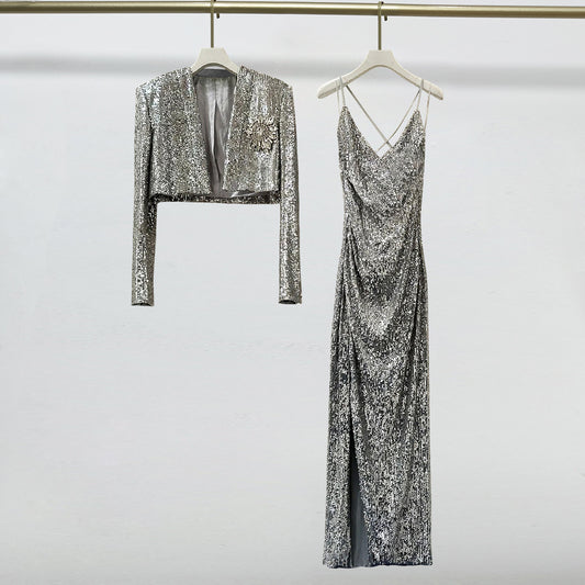 Classic Sequin Two Piece Tup Cardigan Coat / Sling Dress