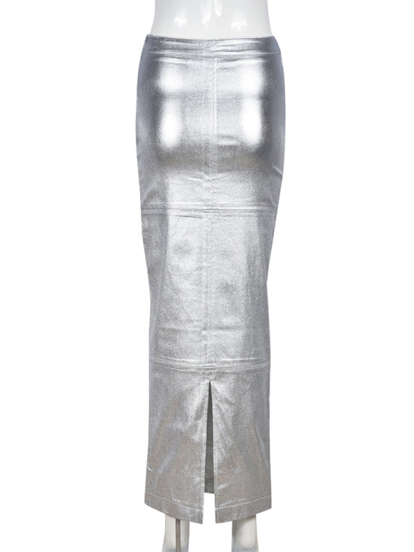 Shinning Fit Hip PU Leather Skirt