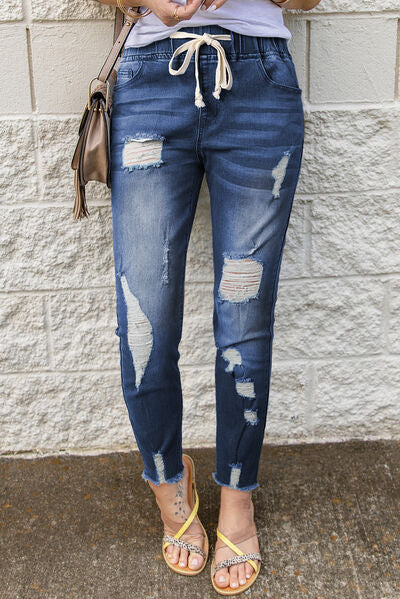 Drawstring Distressed Raw Hem Jeans