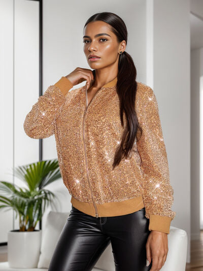 Gold Sequin Zip Up Long Sleeve Jacket