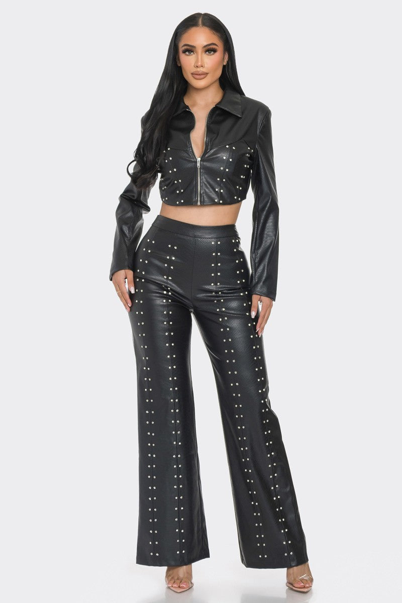 Bae Faux Leather Set With Rhinestone