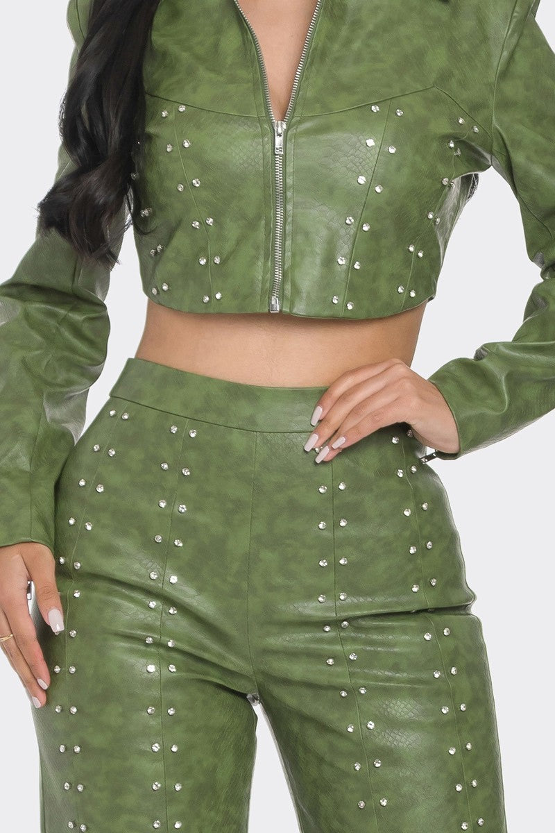 Bae Faux Leather Set With Rhinestone