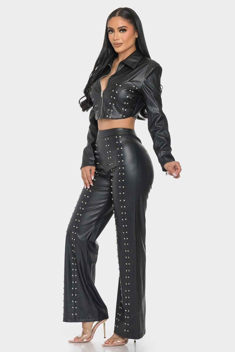 Bae Faux Leather Set With Rhinestone