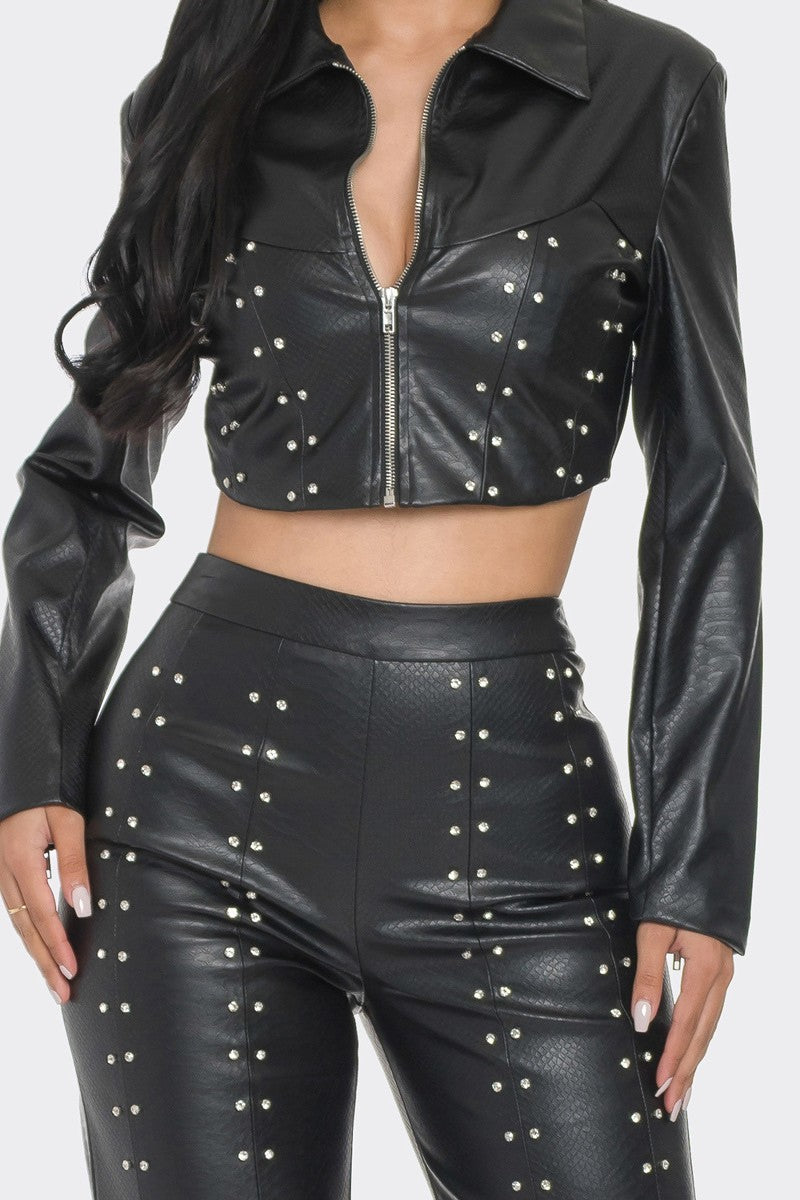 Bae Faux Leather Set With Rhinestone