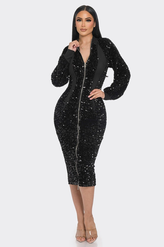 Black Sequin Zip Front Dress