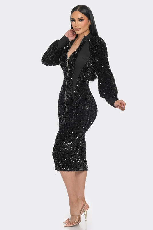 Black Sequin Zip Front Dress