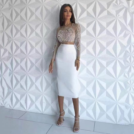 Sexy Beaded Top and Stretch Skirt Set