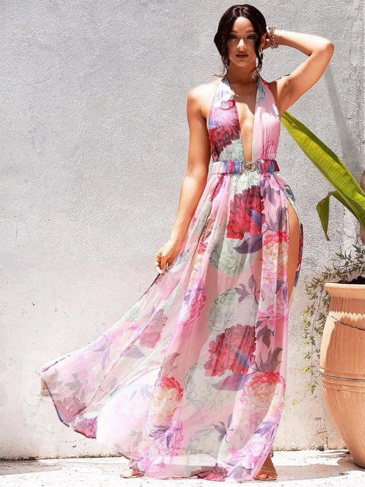 Spring V Plunge Floral Printing Slip Dress