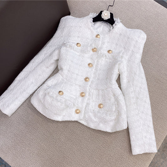 Chanel-Style White Shiner Tweed Coat Jacket Shorts Suit Two-Piece Set