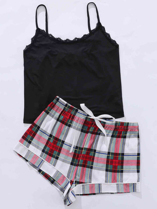 Lace Cami and Printed Shorts Pajama Set