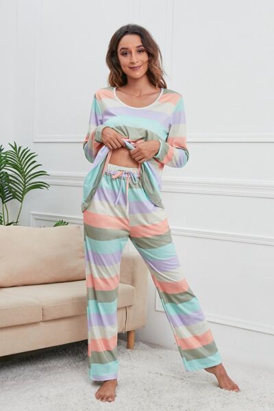 Striped Long Sleeve Top and Drawstring Pants Lounge Set