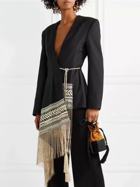 Embroidered Jacquard Irregular Tassel Hem Blazer