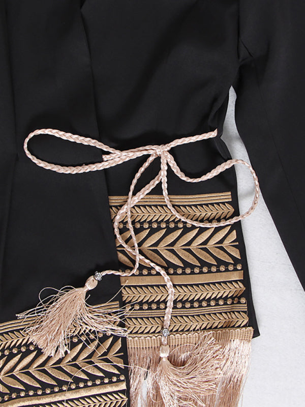 Embroidered Jacquard Irregular Tassel Hem Blazer