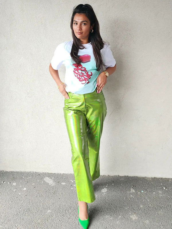 PU Leather Candy Color Casual Pants