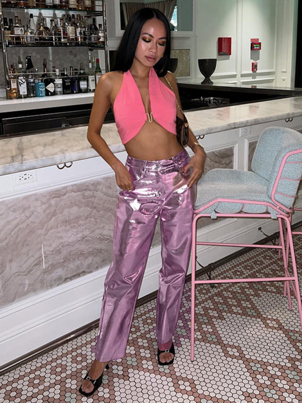 PU Leather Candy Color Casual Pants