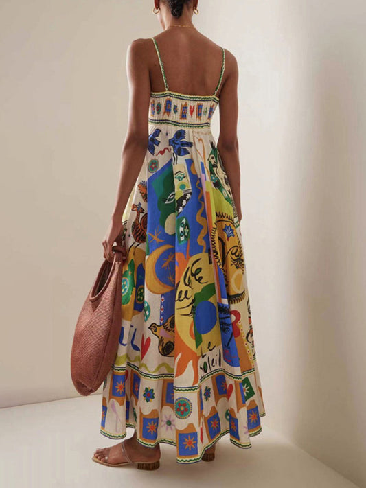 Sassy Square Neck Graffiti Seaside Long Dress