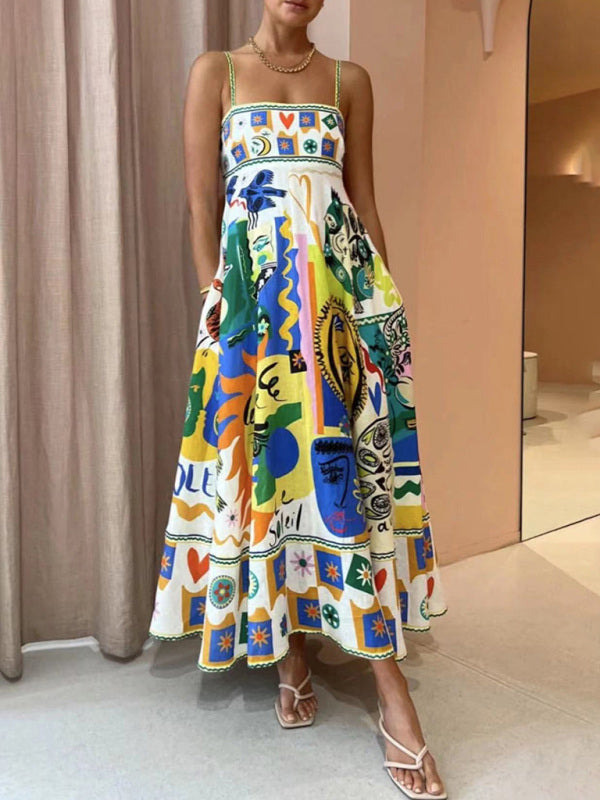 Sassy Square Neck Graffiti Seaside Long Dress