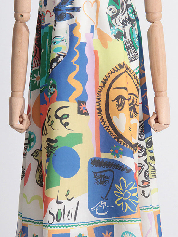 Sassy Square Neck Graffiti Seaside Long Dress