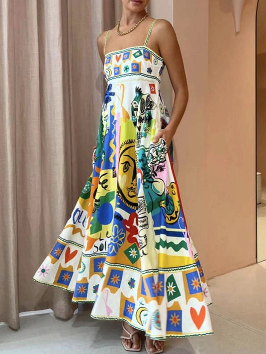 Sassy Square Neck Graffiti Seaside Long Dress
